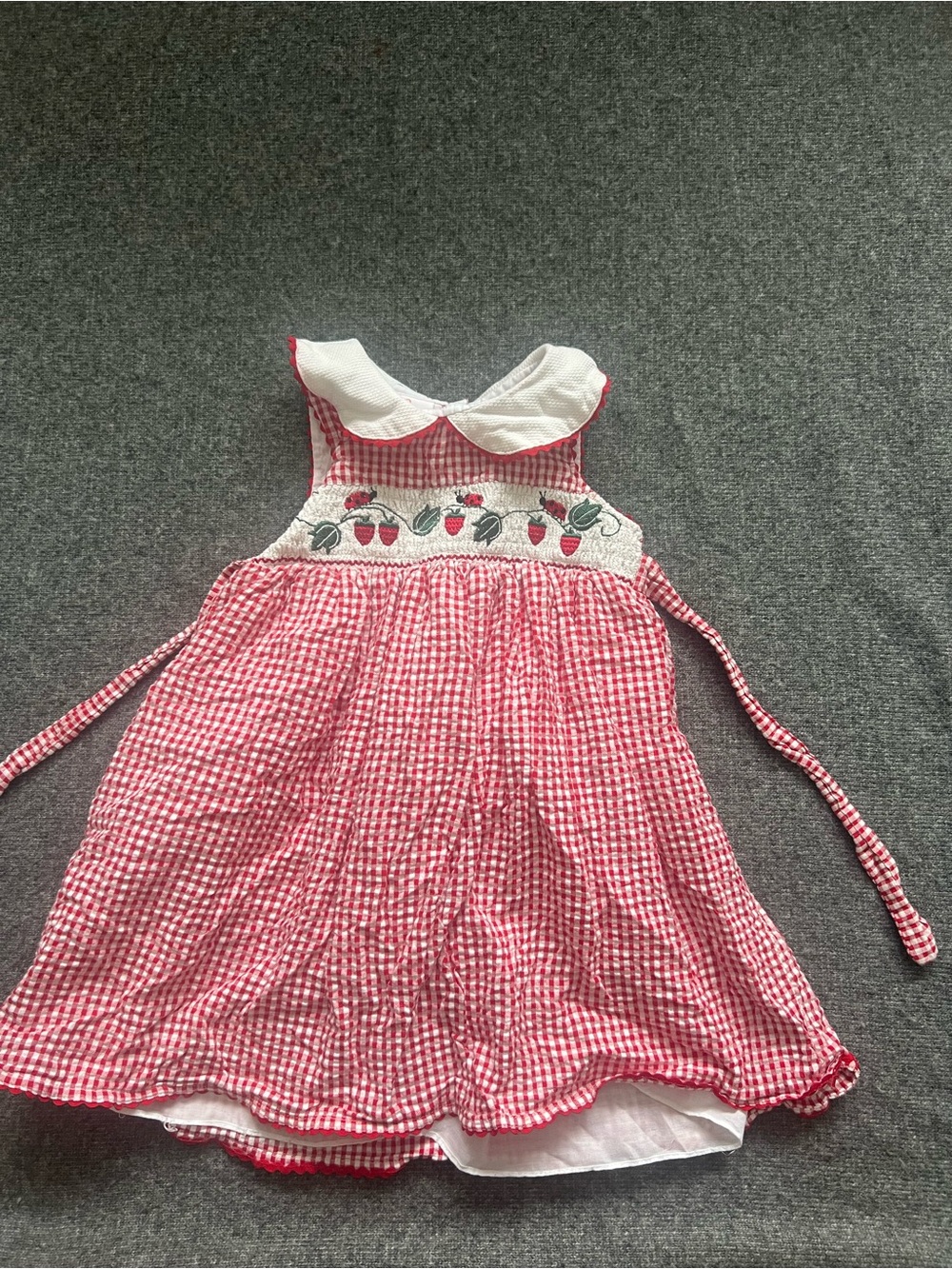 BT Kids 3 Dress Smocked Red Check Plaid Strawberry Ladybug Peter Pan Collar